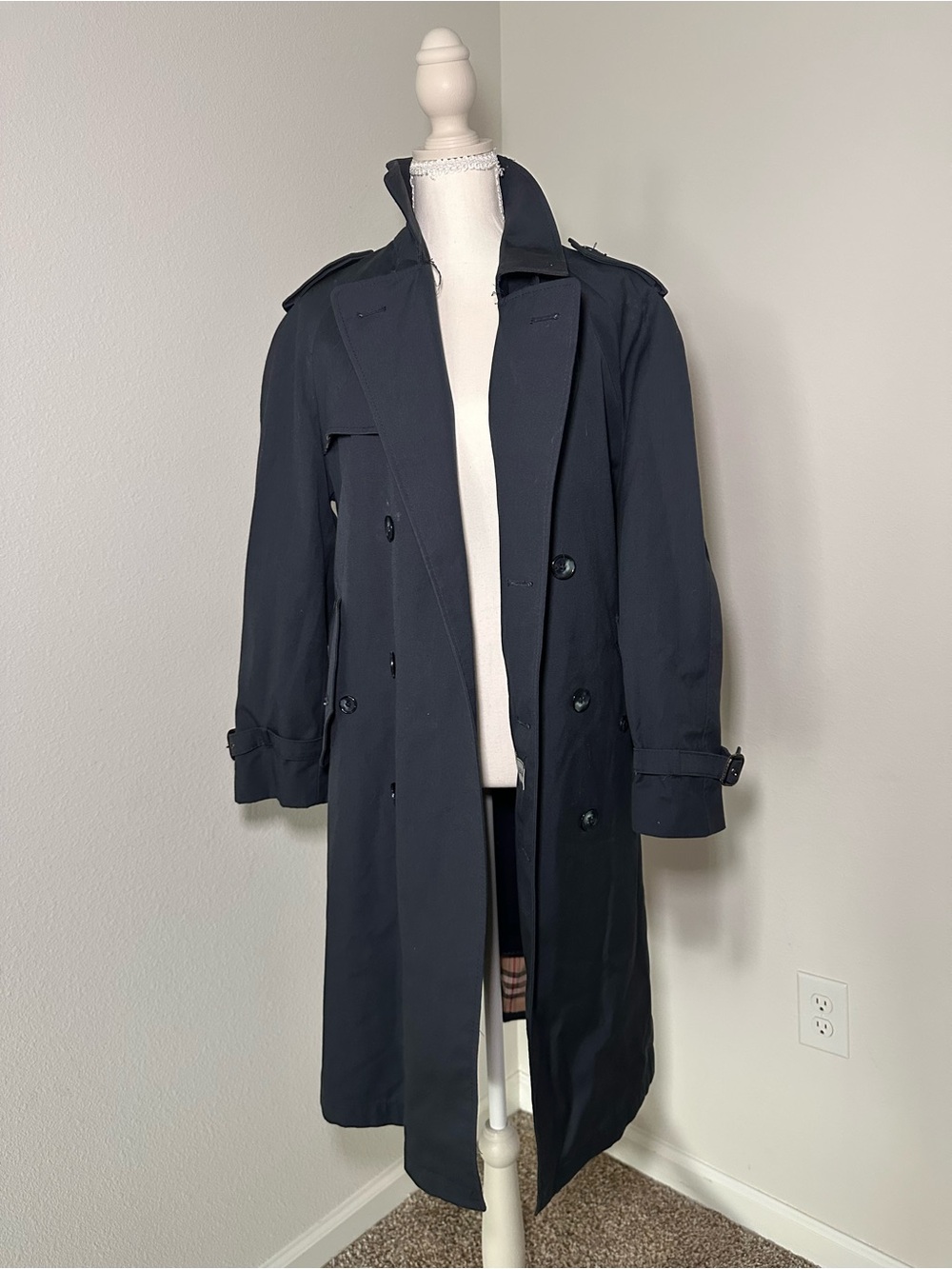 Double-Breasted Navy Trench Coat, removable wool lining